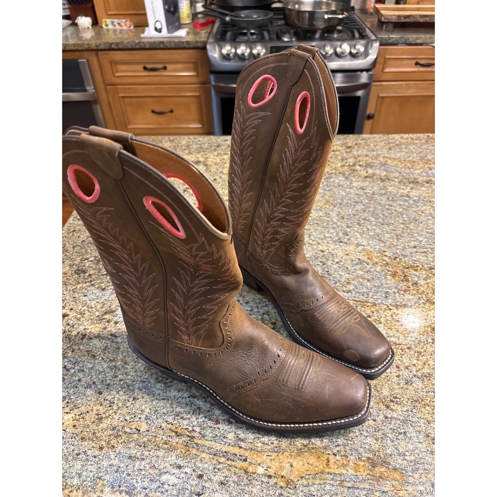 ARIAT Heritage Rancher Brown Pink Square Toe Cowgirl Boots 9B Womens #1019909